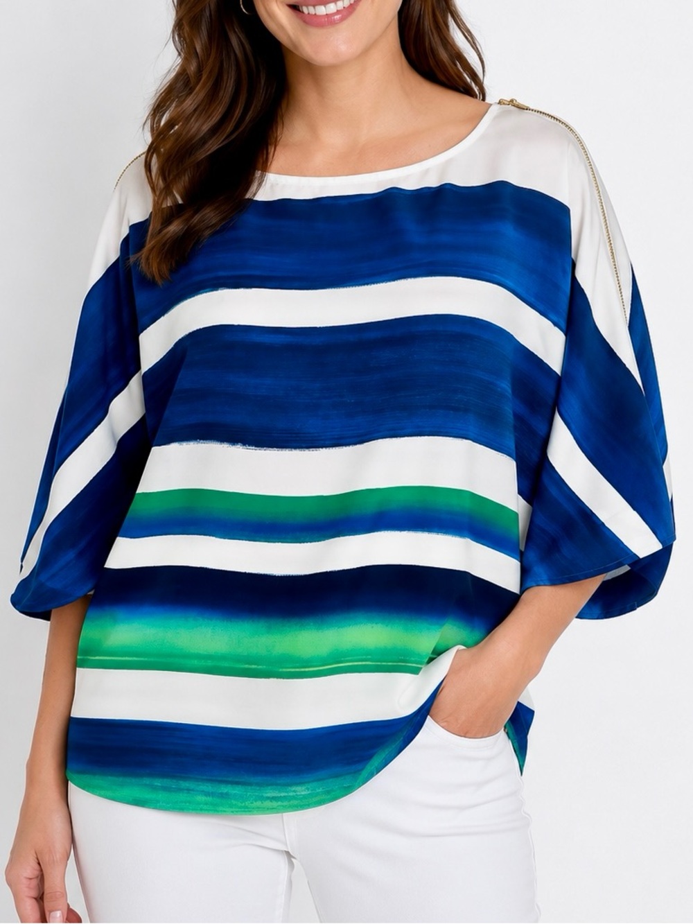 CHICO’S Blue Green & White Striped Satin Blouse w Zipper Shoulders Flowy Top